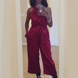 Red Wine Satin Dressy Wide Leg Jumpsuit